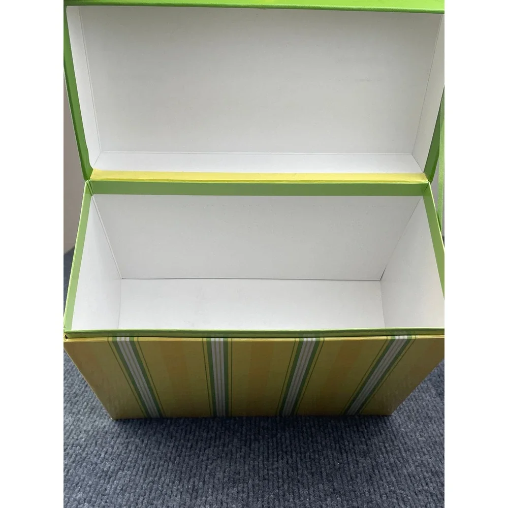 VTG. Hallmark Yellow Green Striped Card Storage Box w/Pullout Drawer 10.5x10x4.5
